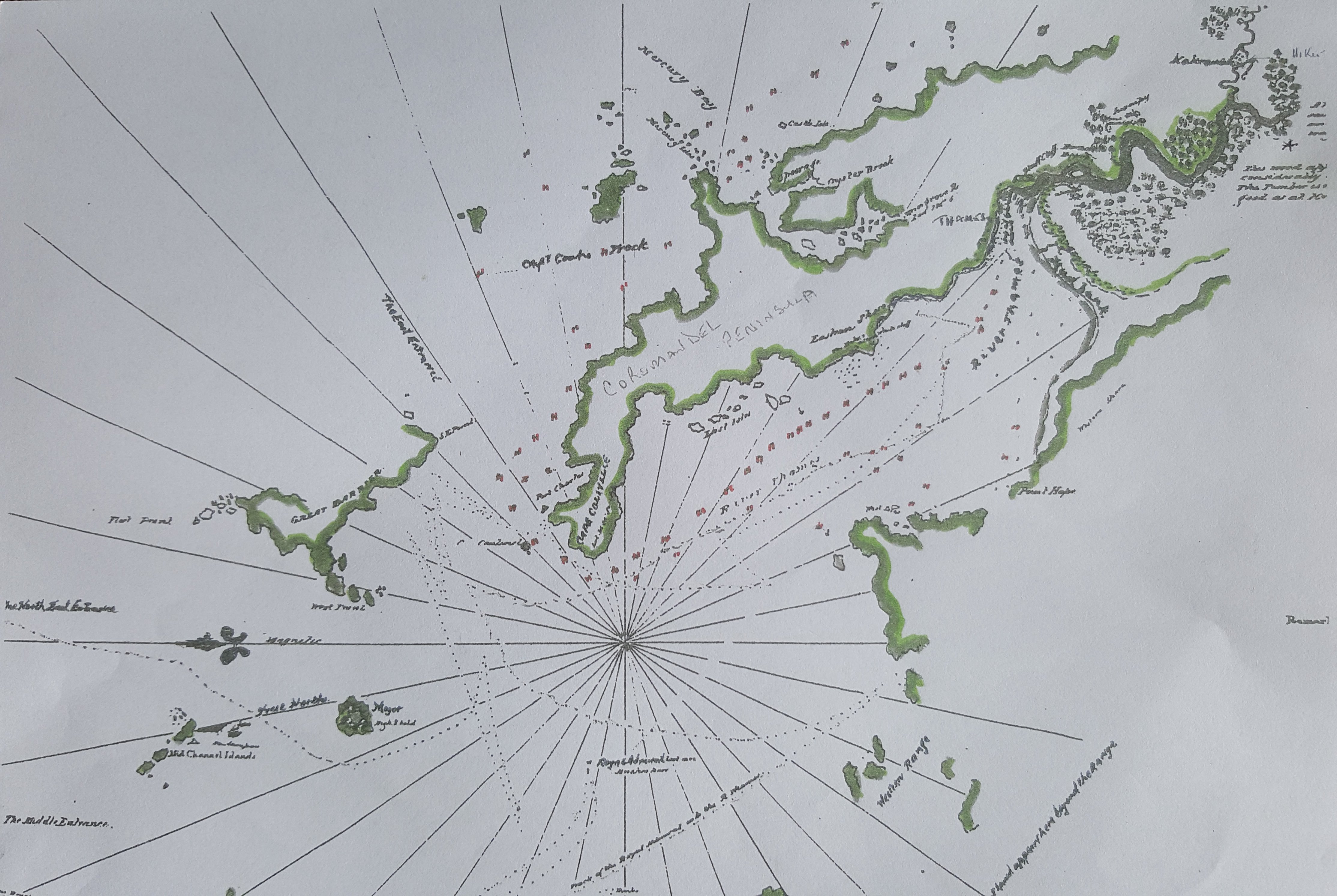Captain Cook's navigational map of the Coromandel Peninsula
